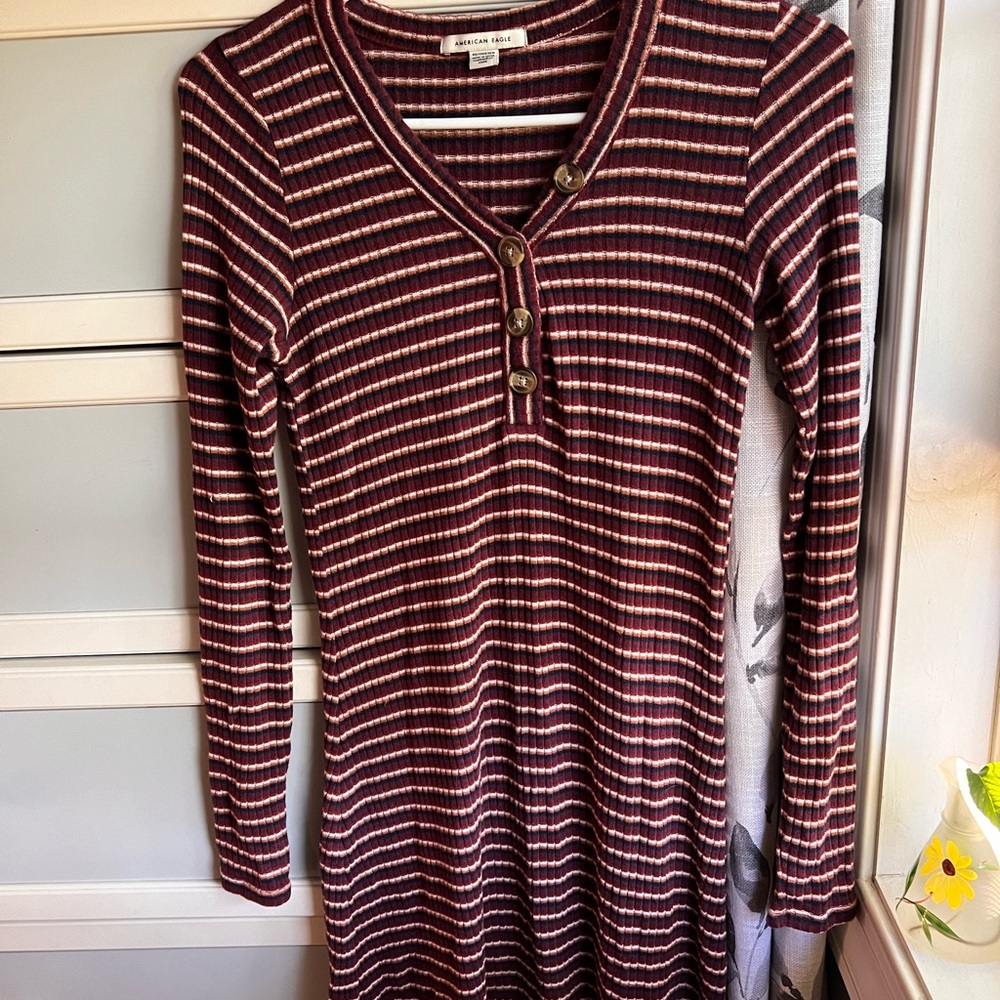American Eagle Outfitters Burgundy Striped Long Sleeve Dress